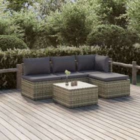 5 Piece Patio Lounge Set with Cushions Gray Poly Rattan (Color: Gray)